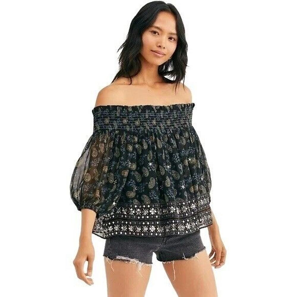 Free People Age Of Aquarius Blue Off Shoulder Paisley Boho Sequin Top Size Small